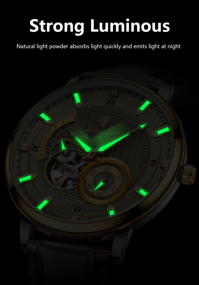 POEDAGAR Fashion Business Men Watch Waterproof Luminous Hollow Tourbillon Male Clock Automatic Mechanical Leather Men's Watches