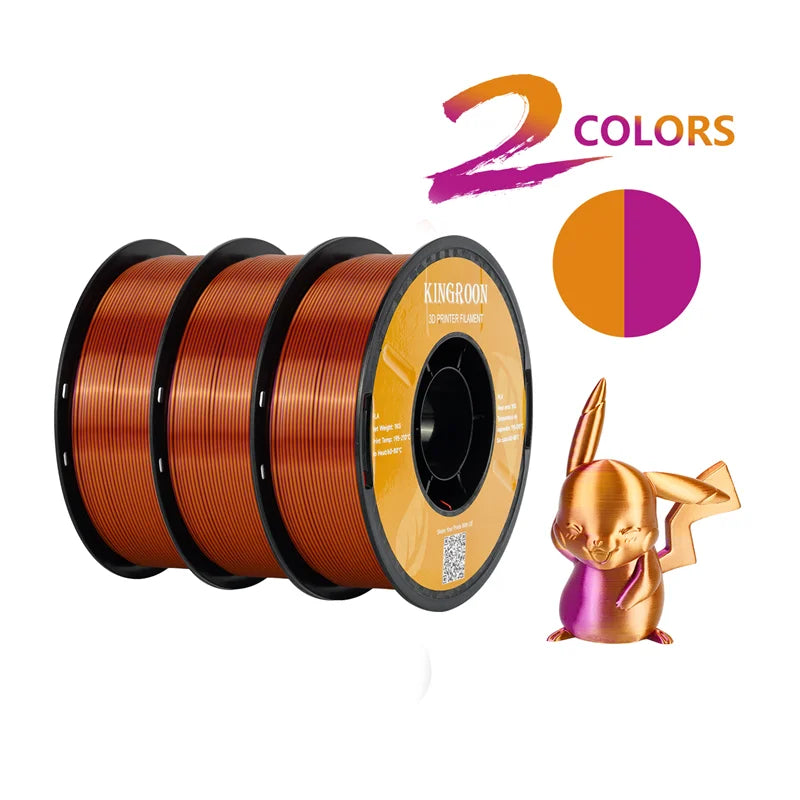 KINGROON Dual-color Silk PLA Filament 1.75mm 2 Color Coextrusion Glossy 3D Printer Filament PLA, 3kg/pack 1kg each spool