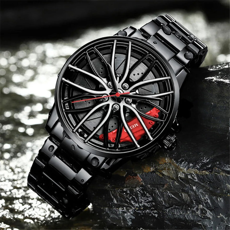 New Top Men Stainless Steel Watches Mens Car Wheel Hub Leather Quartz Watch For Male Military Sport Watch Relogio Masculino Hot