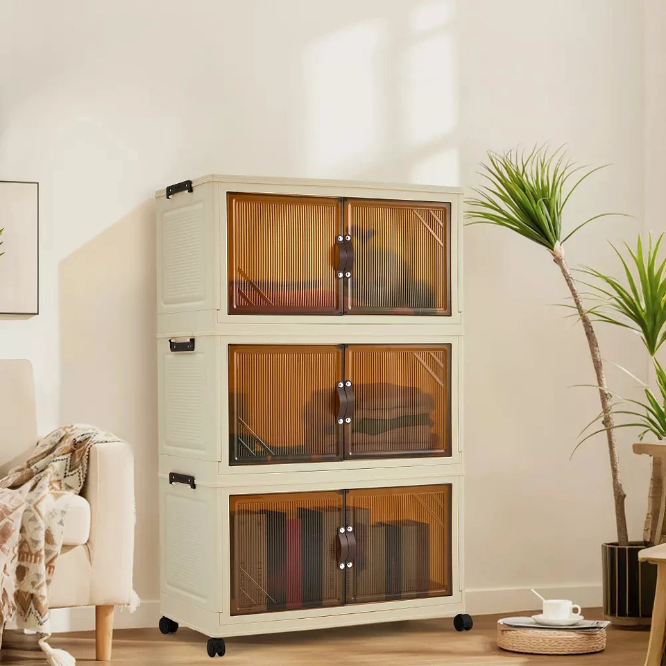 3/4/5-Tier Foldable Storage Cabinet with Lids & Wheels, Stackable Plastic Organizer for Closet, Bedroom, Office & Kitchen