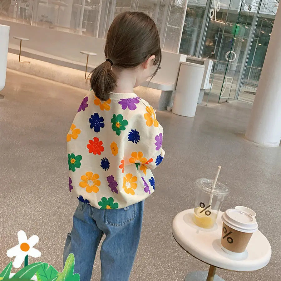 Spring Autumn Baby and Girls Sweet All-Over Flowers Sweatshirt School Kids Outfit Pullover Tops Child Workout Jumper 1-12 Years
