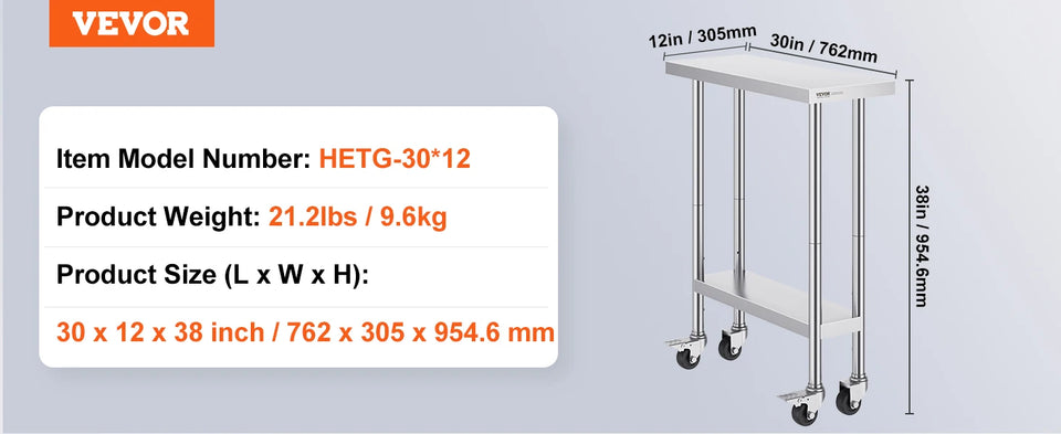 VEVOR Stainless Steel Work Prep Table with 4 Wheels 3 Adjustable Height Levels Heavy Duty Food Prep Worktable for Hotel Home