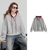 TOYOUTH Women Hoodies Sweatshirt 2025 Autumn New Contrasting Color Embroidery Splicing Hooded Pullover Tops