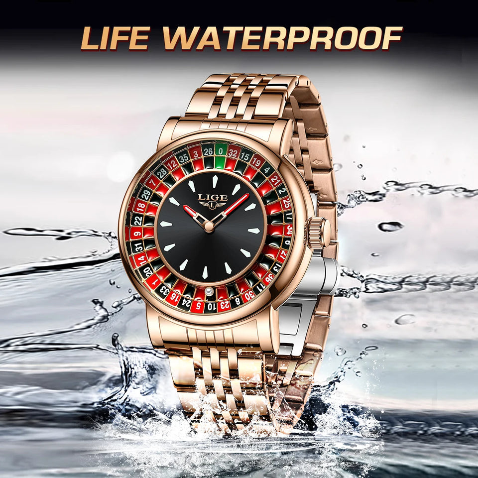 LIGE Creative Luxury Mens Watches Roulette Game Dial Fashion Mens Watch Waterproof Luminous Quartz Wristwatches Rolling Ball