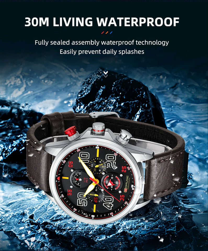 BORUSE Fashion Mens Sports Watches Luxury Men Business Wrist Watch Leather Quartz Watch Waterproof Luminous Male Clock With Box