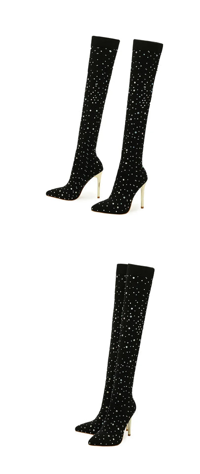Eilyken Sexy Runway Crystal Stretch Fabric Sock Over the Knee Boot Thigh Stiletto High Pointed Toe Woman Shoes Zapatillas Mujer