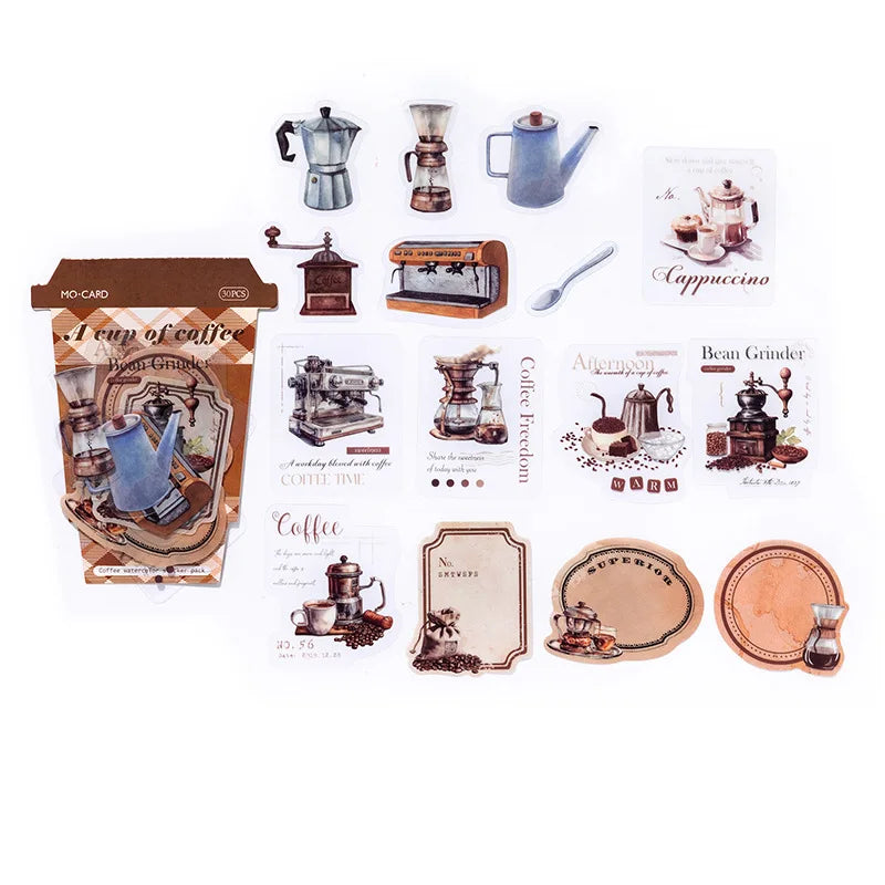 30-Sheet Vintage Coffee Theme Sticker Pack, Retro Coffee Culture Designs & Crisp Details, Perfect for Journal Embellishment