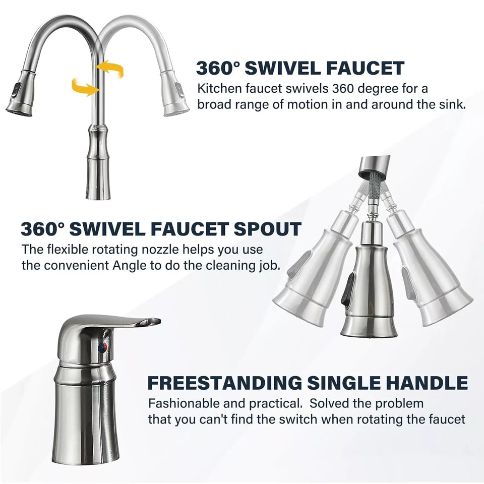 Matte Black Kitchen Sink Faucet with Pull Down Sprayer 1 Handle 2 Hole Mixer Tap Hot and Cold Taps