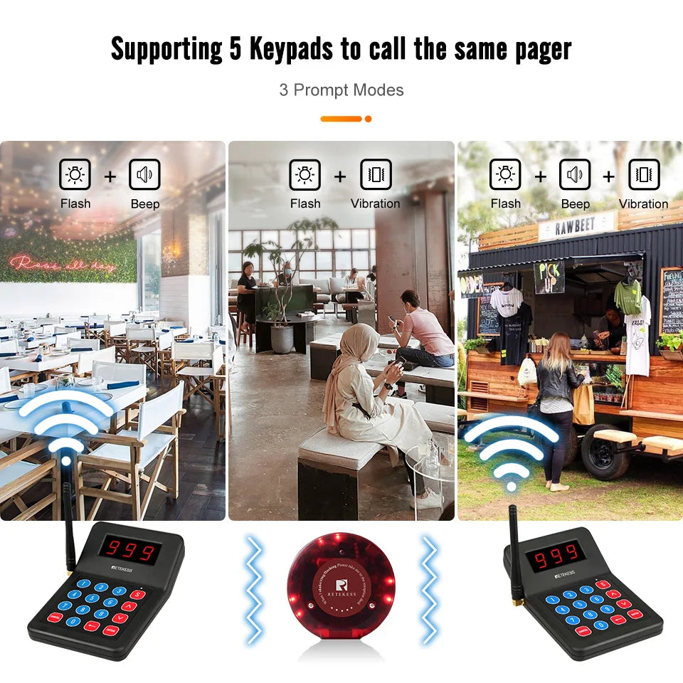 RETEKESS T119 Wireless Restaurant Paging System Coaster Vibrater Buzzer Receiver 2-Way Charge for Cafe Food Trucks