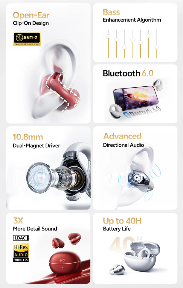 QCY T33S Open Ear Earbuds Crossky C30S Ultra-Comfort Clip On Ear Buds Wireless Bluetooth 6.0 LDAC Hi-Res Audio 40H Earphones
