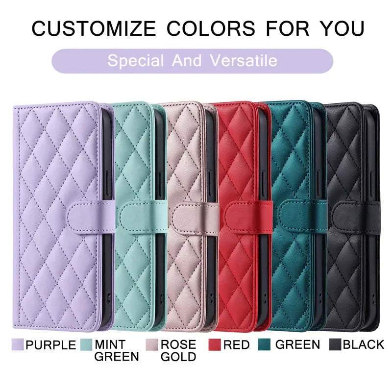 Crossbody Checkered Leather Wallet Case For Samsung Galaxy S24 Ultra S23 Plus S22 S21 FE A55 A25 A35 A15 Lanyard Flip Bag Cover