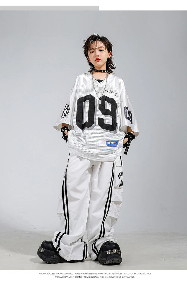 Boys Hip Hop Mesh T-shirt Cargo Pants Girls K-pop Street Dance Sweatshirt Costumes Child Clothes Sets Kids Teens Jazz Streetwear