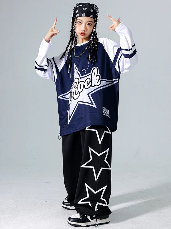 Girls Hip Hop Star Sweatshirt Vest Joggers Pants Boys Cool Streetwear Clothes Set Kids Children Jazz Street Dance K-pop Costumes