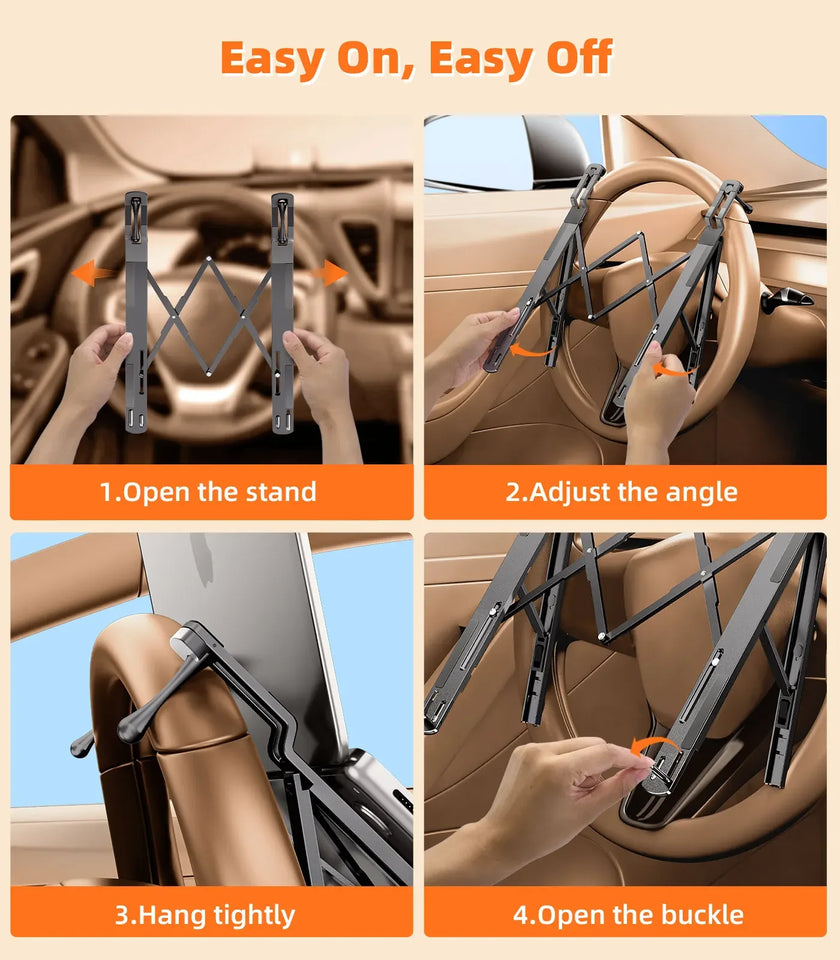 Hipacool Metal Car Steering Wheel Laptop Stand Portable 5-Levels Adjustable Laptop Tablet Holder Aluminum Alloy Car Accessories