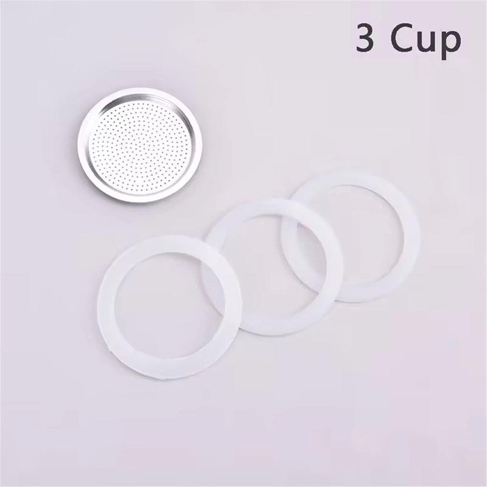 1 Set, 3pcs Silicone Gaskets and 1pc Aluminum Filter Moka Pot Coffee Bottle Replacement Compatible with 3/6/9/12 Cup Moka Expres