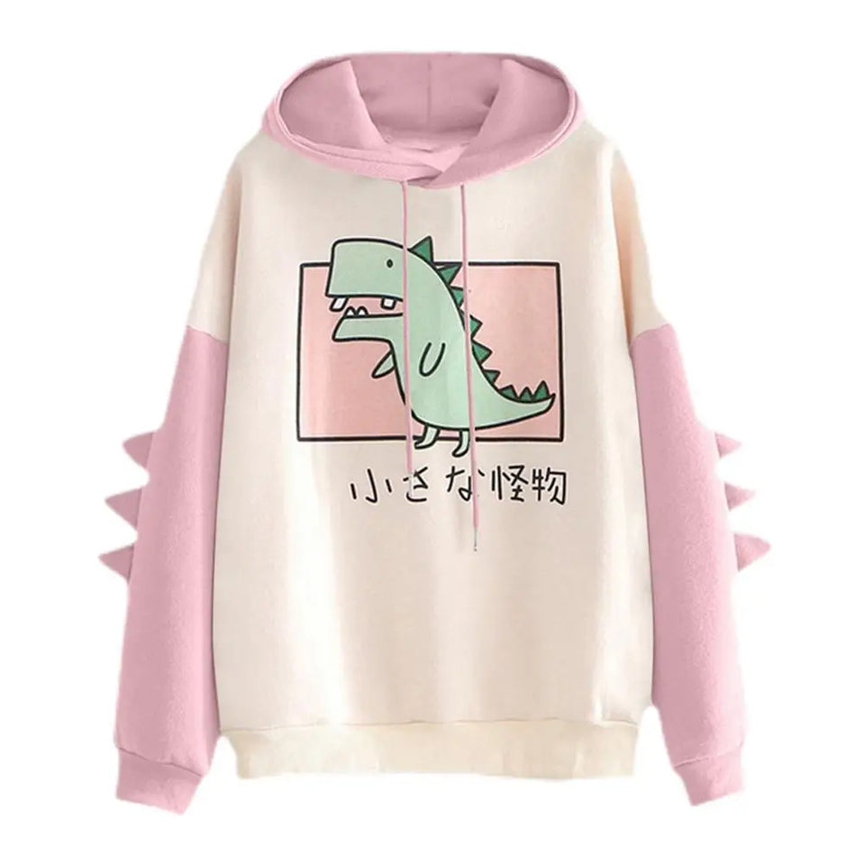 Winter Cute Dinosaur Cartoon Hoodie Women Fashion Sweatshirt Casual Print Long Sleeve Korean Style Splice Tops Kawaii Clothes