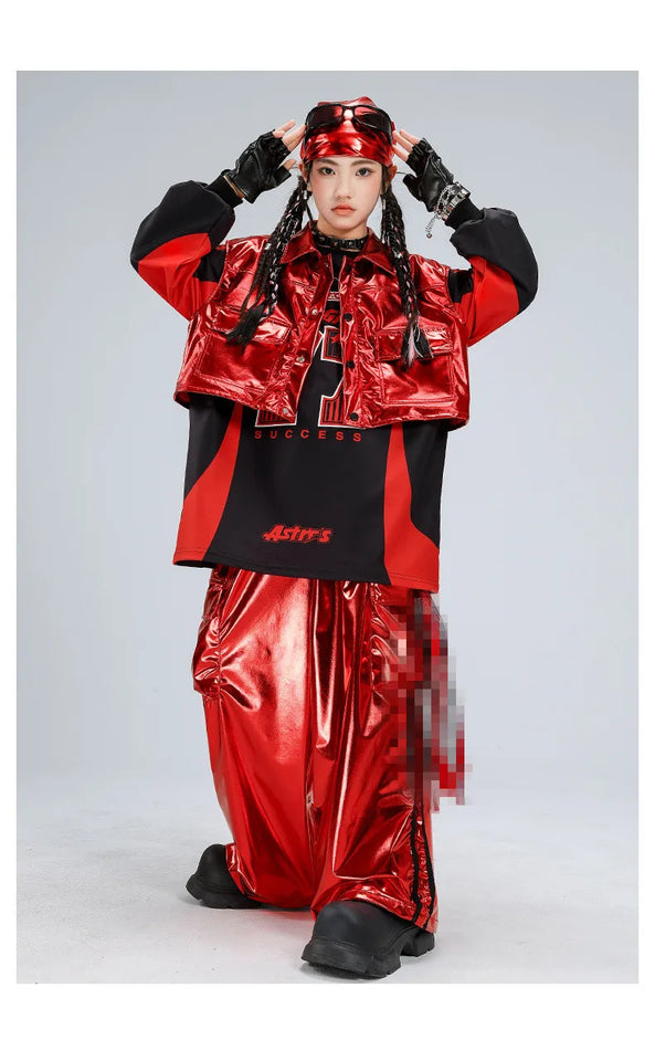 Boys Hip Hop Sweatshirt Shiny Vest Street Dance Cargo Pants Girls K-pop Clothes Set Kid Hip Hop Jazz Costume Children Streetwear