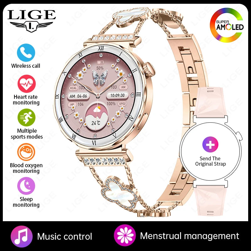 LIGE New 1.19inch AMOLED Fashion Ladies Smart Watch Bluetooth Call Sports Bracelet Women’s Health Waterproof Diamond Smartwatch