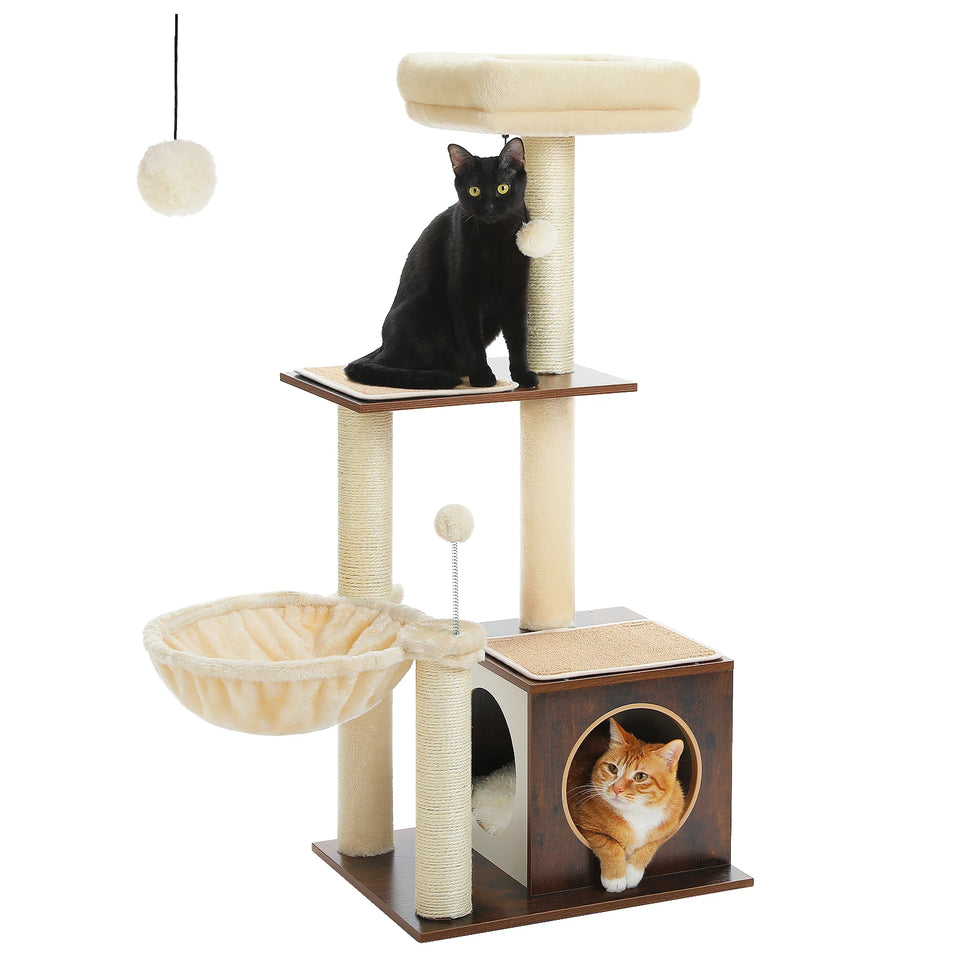 Modern Cat Tree for Indoor Cats Multi-Level Wood Cat Tower with Cozy Condo Hammock Sisal Scratching Posts Kitten House Cat Toys