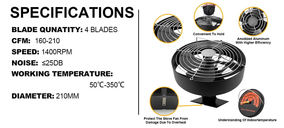 4 Blades Stove Fan Heat Powered Fireplace Fan Log Wood Burner Eco-fan Quiet Fireplace Fan Warm Heat Distribution Winter Home무동력팬