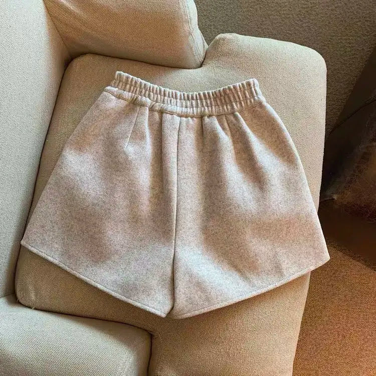 2024 Autumn Winter New Thick Woolen Shorts Korean Loose High Waisted Split Wide Leg Pants Casual Outerwear Boots Pants Women