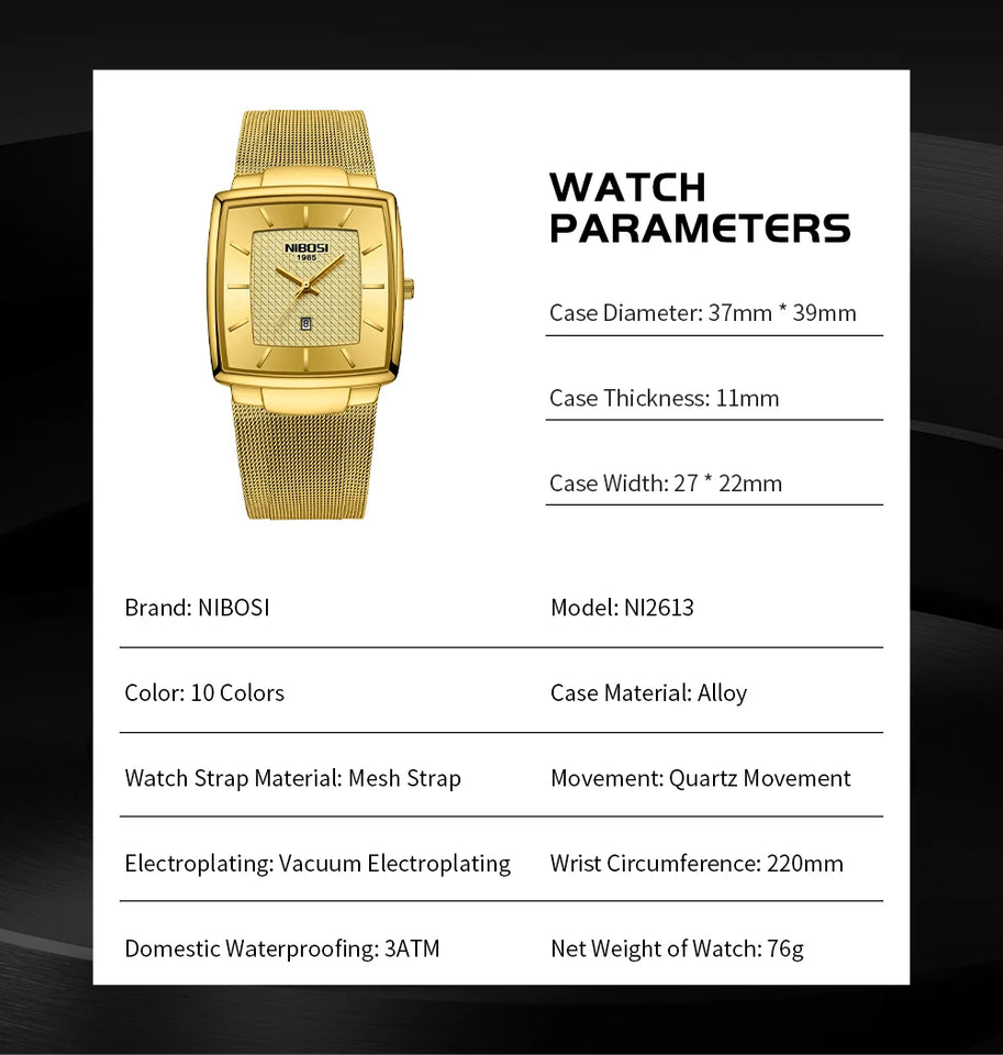 NIBOSI Mens Watches Top Brand Luxury Square Quartz Watch Men Slim Mesh Waterproof Sport Wristwatch Date Luminous Reloj Hombre