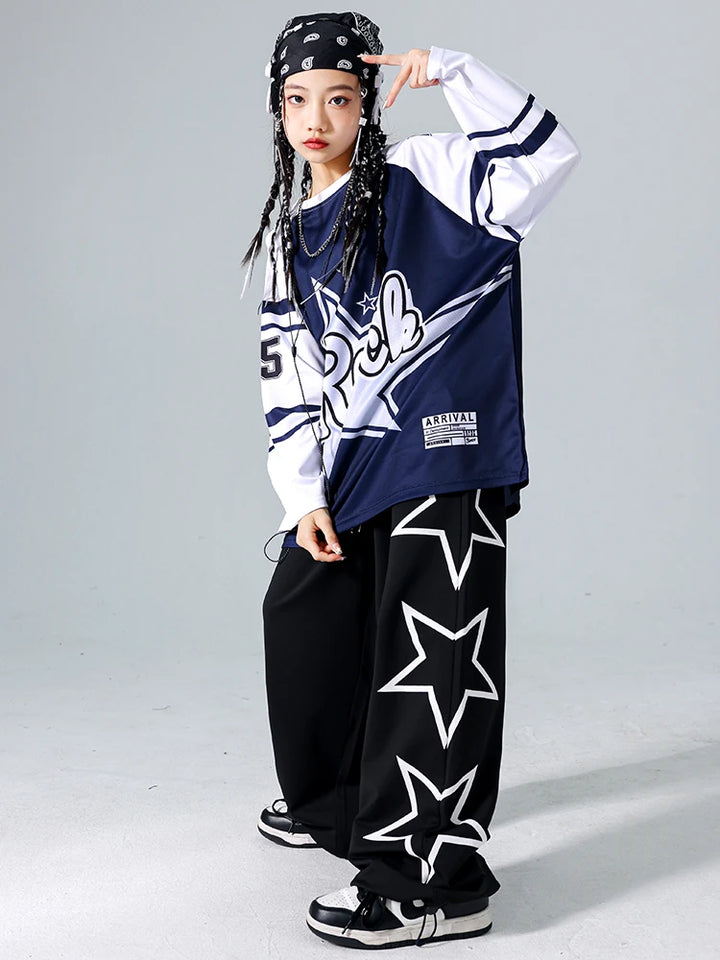 Girls Hip Hop Star Sweatshirt Vest Joggers Pants Boys Cool Streetwear Clothes Set Kids Children Jazz Street Dance K-pop Costumes