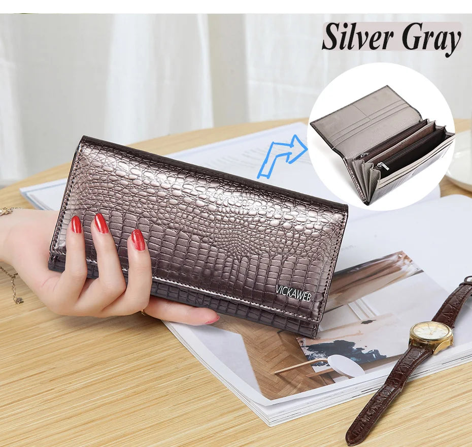 New Women Magnetic Hasp Wallet Genuine Leather Coin Purse Ladies Long Fashion Female Card Hold Money Bag AE501-1