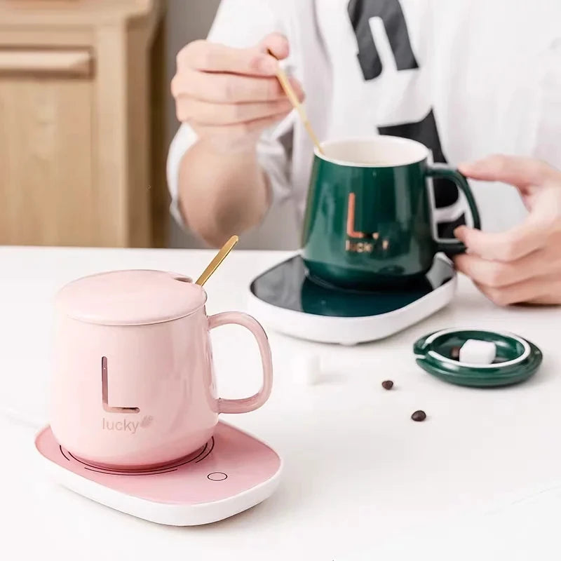 A1 55℃ Smart Heated Coffee Mug Set with Warmer Pad, Auto Keep Warm, Cute Design, Perfect Gift for Office Workers, All-Season Use