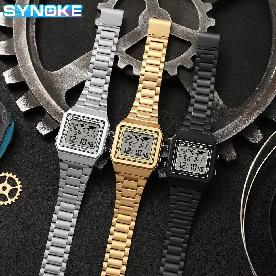 SYNOKE Stainless Steel watchband Chrono Sport Watches Men Back Light Display Digital Wristwatch Waterproof plastic watch case