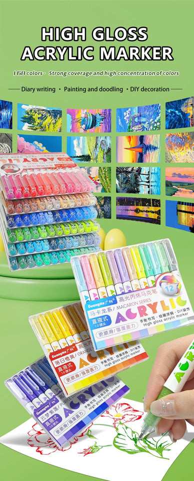 GuangNa 12 Colors/box Direct Liquid Hardhead High-gloss Acrylic Marker, for Student Notebook Writing, DIY Painting Graffiti
