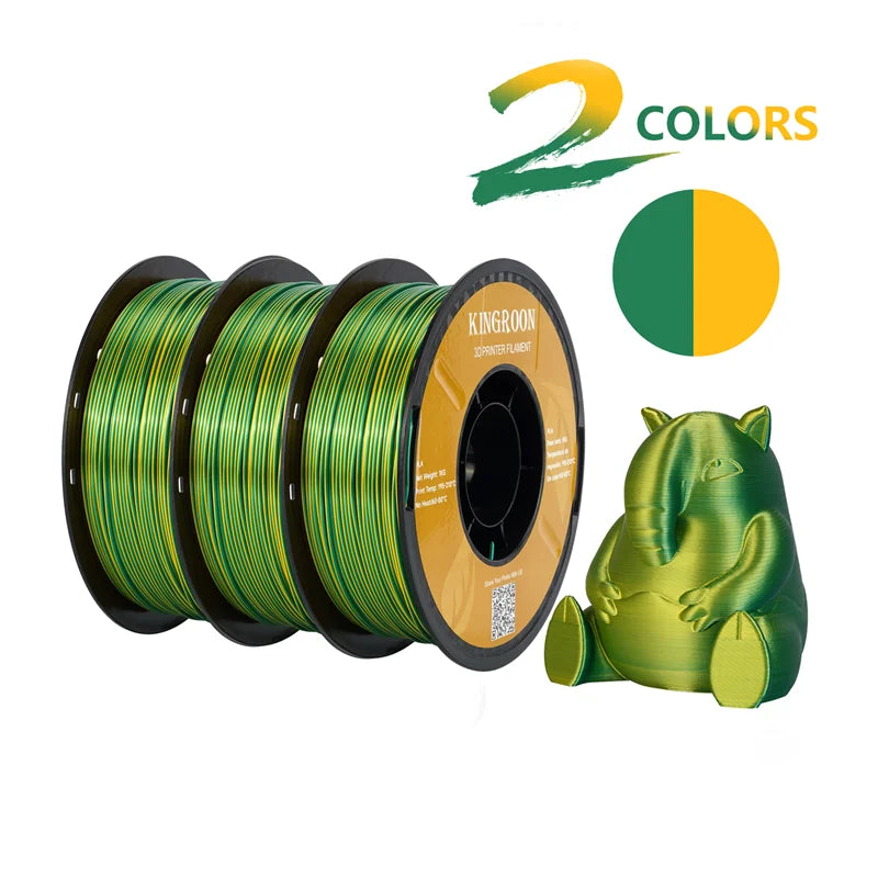 KINGROON Dual-color Silk PLA Filament 1.75mm 2 Color Coextrusion Glossy 3D Printer Filament PLA, 3kg/pack 1kg each spool