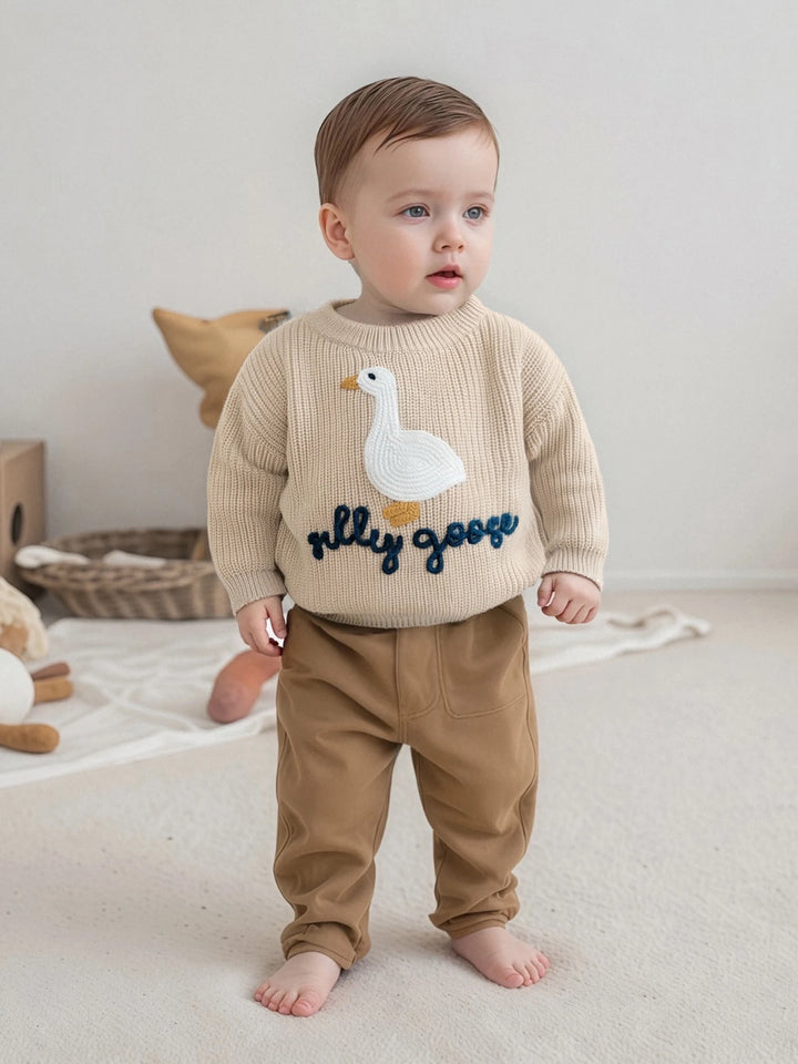 0-3T Toddler Baby Boy Girl Knit Sweater Silly Goose Embroidery Long Sleeve Knitted Sweatshirt Warm Fall Winter Clothes