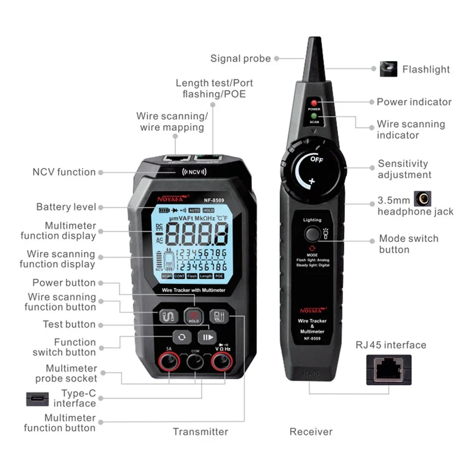NOYAFA NF-8509 2 in 1 Network Cable Tester Detect Length Digital Multimeter Cable Tracker Cat5 Cat6 PoE Tester Continuity Test