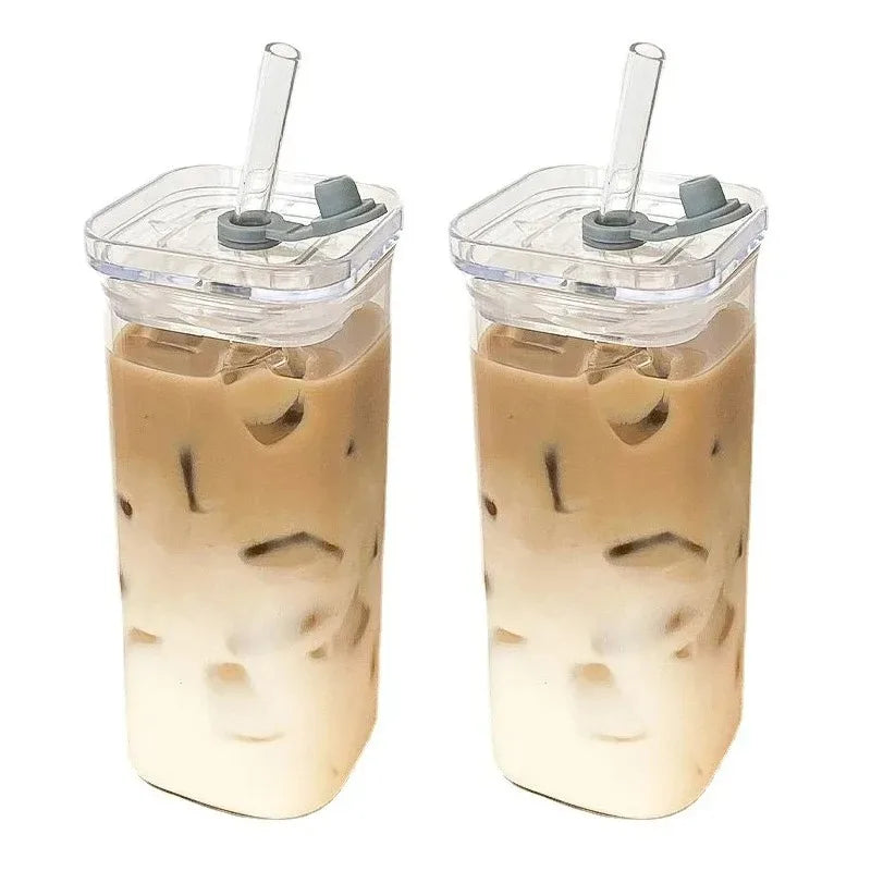 1Pcs Square Heat Resistant Coffee Glass Cup  With Lid and Straw Transparent Milk Tea Juice Cups For Home Bar Drinkware