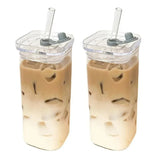 1Pcs Square Heat Resistant Coffee Glass Cup  With Lid and Straw Transparent Milk Tea Juice Cups For Home Bar Drinkware