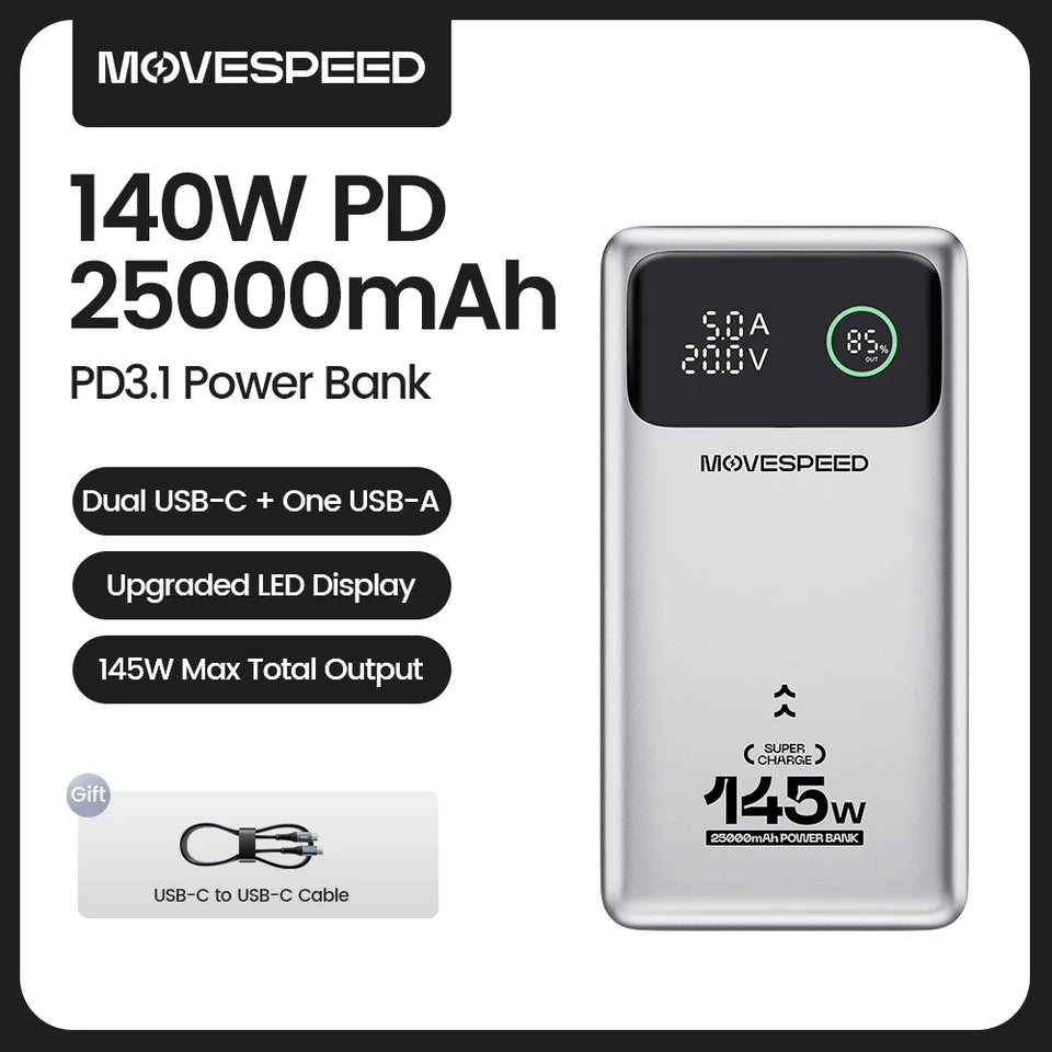 MOVESPEED M25Pro 25000mAh Power Bank 140W Type C PD Fast Charging PowerBank External Portable Charger for MacBook Lenovo Laptop
