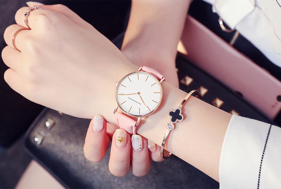 1 Set Women Leather Watches Minimalist Style 6.9mm Ultra Thin Dial Black Gift Box Adjuster Spare Strap Women's Dress Wristwatch