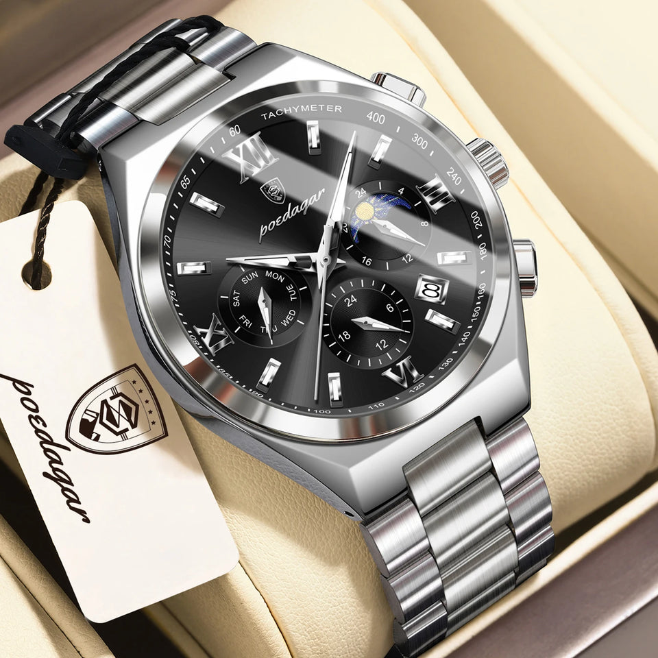 POEDAGAR Fashion Functional Man Wristwatch Luminous Week Date Business Watch For Men Stainless Steel Sports Men's Quartz Watches