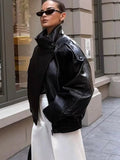 TFMLN 2025 Women Faux Leather Loose Jacket High Street Stand Collar Long Sleeve Coat Fashion Causal Zipper Outwear Autumn Winter