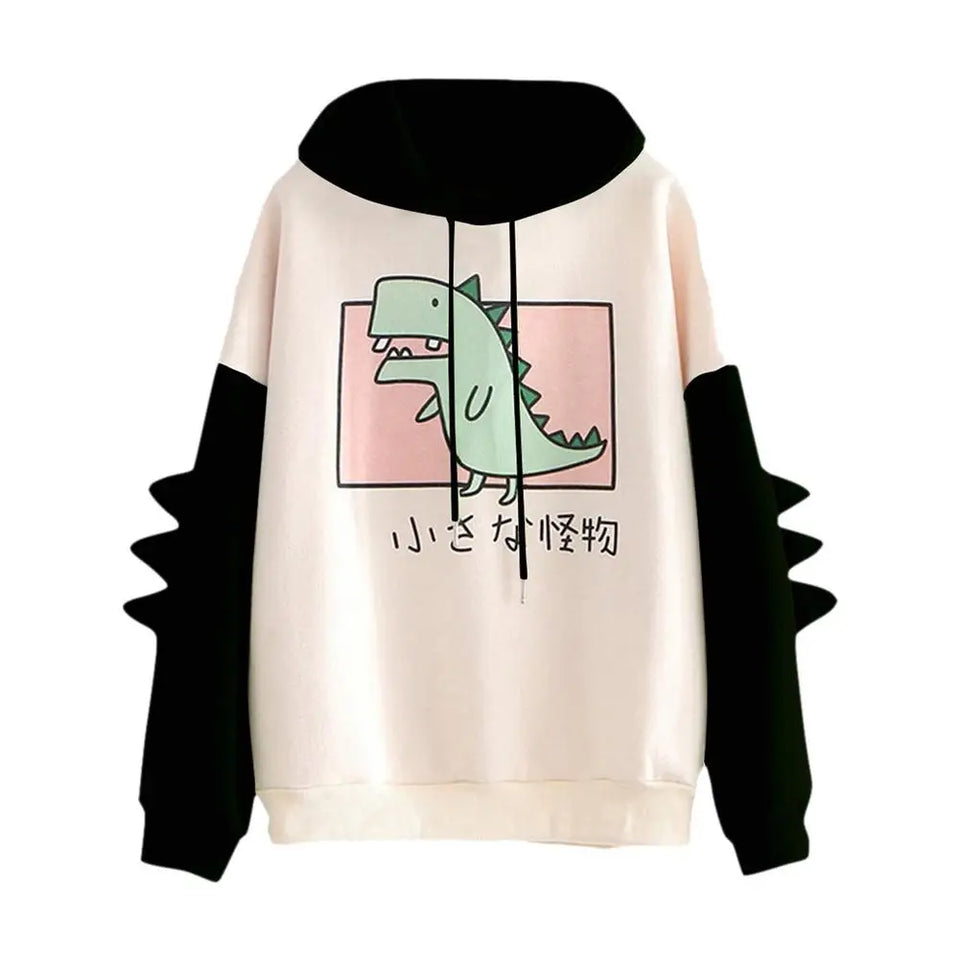 Winter Cute Dinosaur Cartoon Hoodie Women Fashion Sweatshirt Casual Print Long Sleeve Korean Style Splice Tops Kawaii Clothes