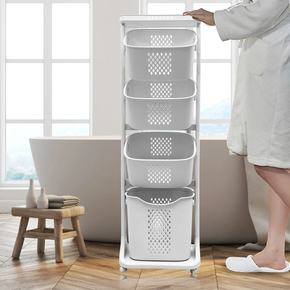 2/4 Tier Laundry Basket Cart Removable Storage Buckets Plastic Hamper with 4 Wheels White