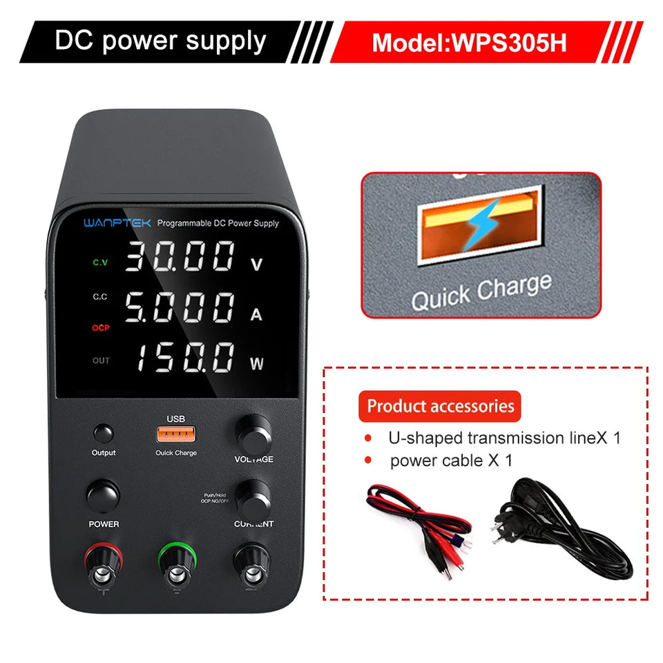 Wanptek Adjustable DC Power Supply 30V 60V 5A 10A Lab Bench Power Supply USB Interface Fast Charging Preset Voltage and Current