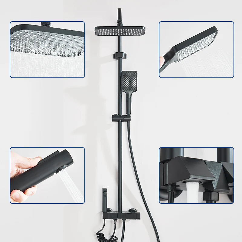 Rozin Black Smart Digital Display Shower Faucet Set Piano Style Rainlfall Bathroom System Grey Digital Mixer Tap Bidet Shower
