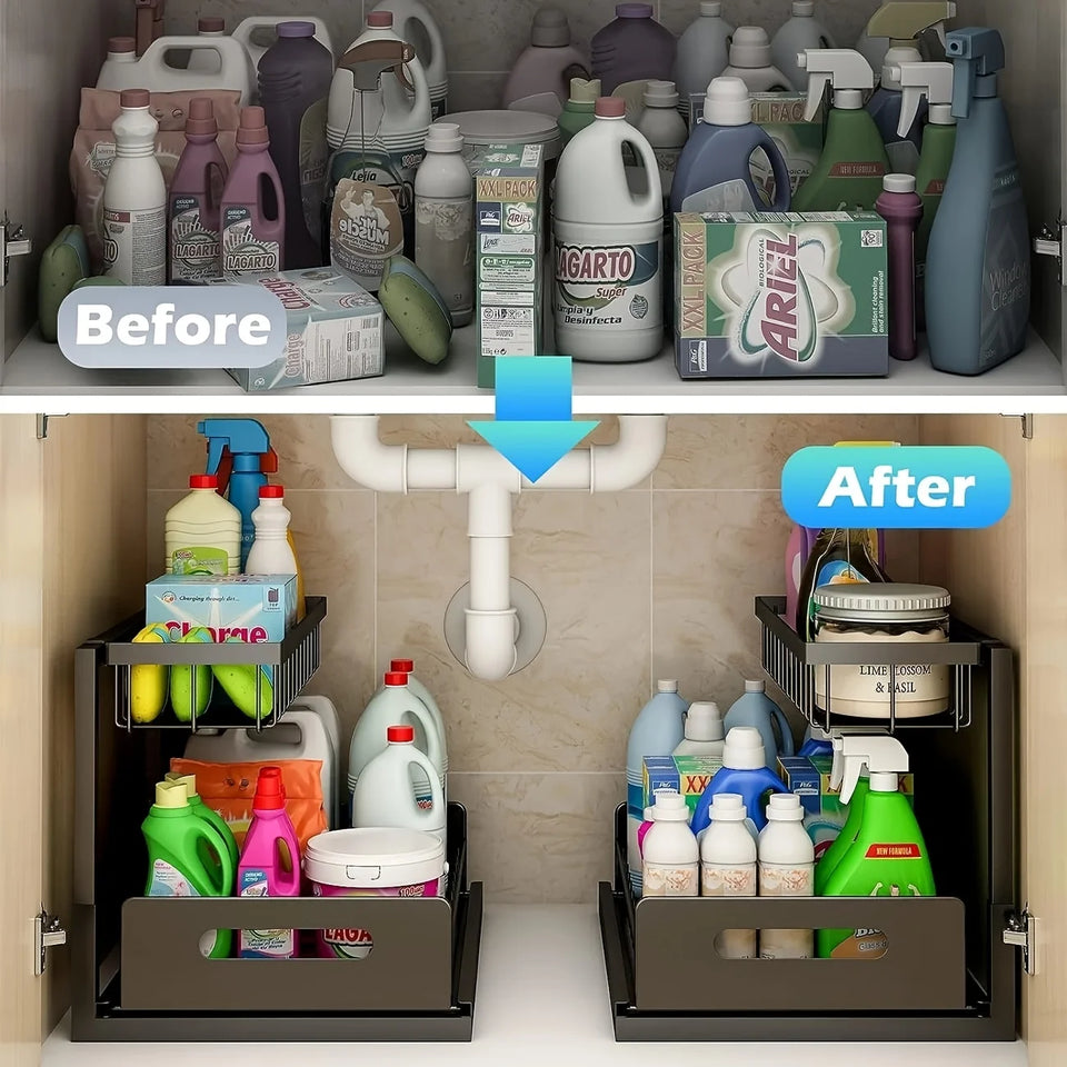 Organizer for Under The Sink on The Second Floor Featuring Sliding Drawers,Versatile Storage Rack for Bathrooms, Kitchens