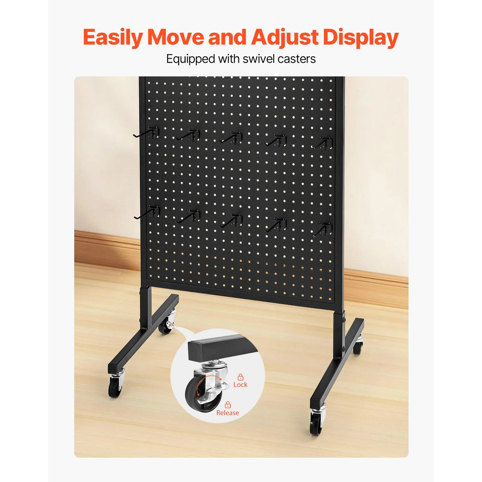 SucceBuy Standing Pegboard Display Stand with Swivel Caster & 30 Hooks Thickened  Steel Peg Board Panel for Grocery Retail Store