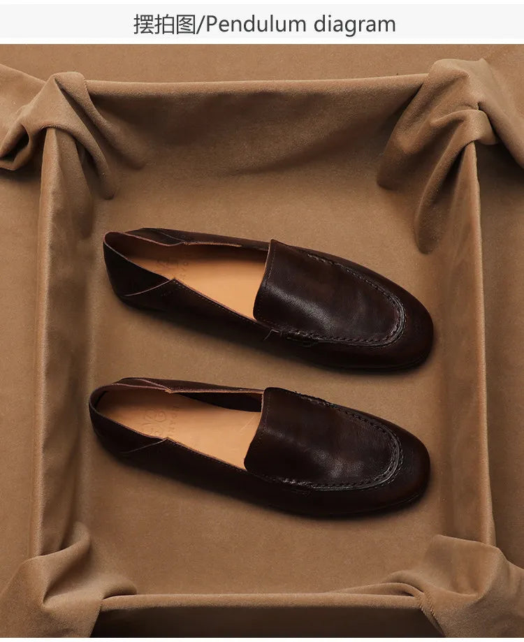SHOEBOX Retro flat woman loafers new fashion style for spring and autumn 2025, shallow-mouth round-toe genuine leather shoes