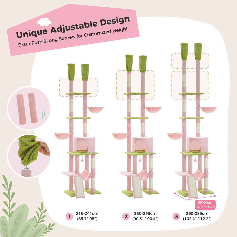 Cactus Cat Tree Floor to Ceiling Cat Tower 7 Tiers Cat Climbing Tree with Cozy Hammocks and Condos 5 Platforms Scratching Posts