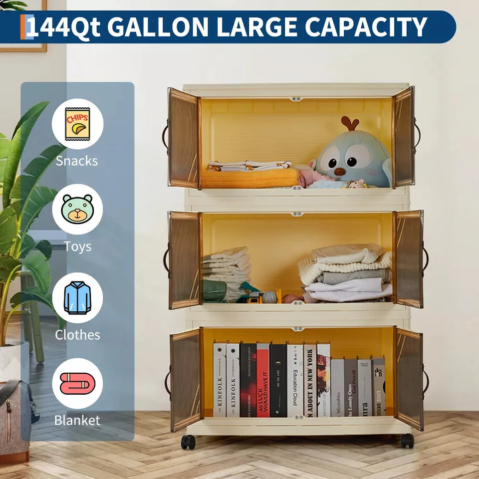 3/4/5-Tier Foldable Storage Cabinet with Lids & Wheels, Stackable Plastic Organizer for Closet, Bedroom, Office & Kitchen