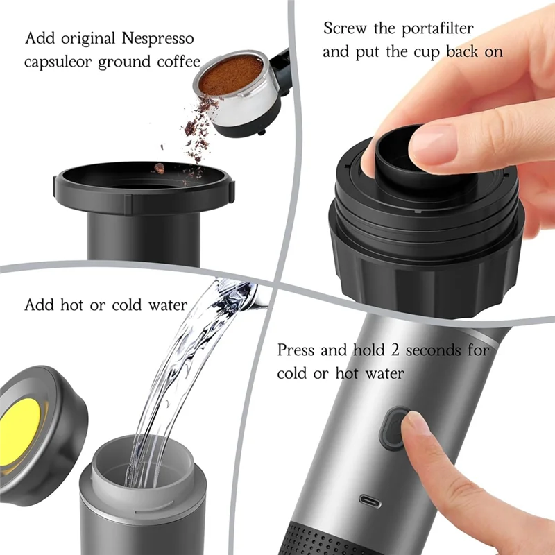 B89B-Ideal For Home& Travel, Portable Espresso Coffee Machine 3-In-1, Wireless& Electric, Compatible With Capsules& Powder